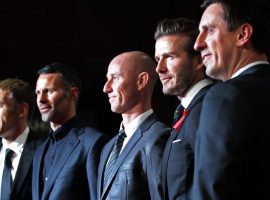 (left to right) Phil Neville, Ryan Giggs, Nicky Butt, David Beckham and Gary Neville  arriving for the World premiere of documentary film The Class of 92 - detailing the rise to prominence and sporting superstardom of six talented young Manchester United footballers, covering the period 1992-1999 and culminating in Manchester Uniteds European Cup triumph - at the Odeon West End in Leicester Square, central London.