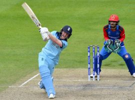 England's captain Eoin Morgan hits a six during the ICC Cricket World Cup group stage match at Old Trafford, Manchester.