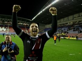 Salford reds Jackson Hastings celebrates after beating Wigan to make uthe final after the Betfred Super League semi final match at the DW Stadium, Wigan.