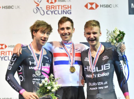 John Archibald presented with flowers after winning gold at the HSBC UK | National Track Championships in Manchester