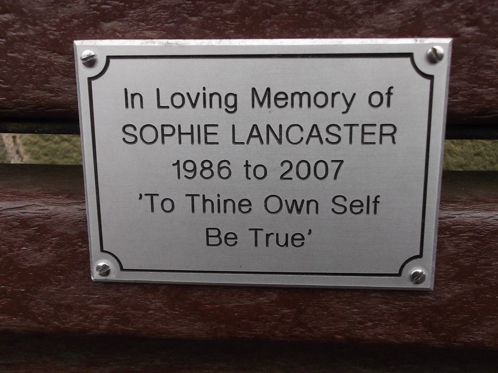 Sophie Lancaster's memorial bench at Haslingdon Library. Photo credit: Robert Wade - https://www.flickr.com/photos/rossendalewadey/6363409047