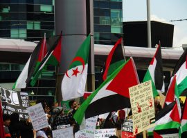 'Free Palestine' protesters at MediaCityUK. Credit: Archie Richards.