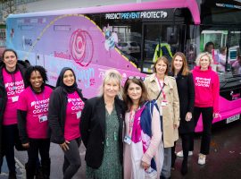 The big pink bus hits Manchester to raise awareness of breast screening.
Pictured at Eastlands ASDA.

PIC L-R: Hannah Stirzaker, Naomy Samoei, Faiza Chaudhri, Margo Cornish (Campaign Founder), Nabila Farooq (Community Engagement Lead), Diana Harris (trustee), Tina Edwards (People Director - Manchester Airport Group), Nikki Barraclough (Executive Director for Prevent Breast Cancer).