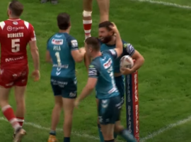 Wigan score their third try against Salford Red Devils. Image - Super League YouTube