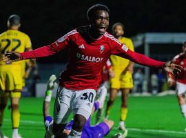 Kelly N'Mai celebrating his first Salford City goal against Sutton United. Image Credit: Salford City FC twitter
