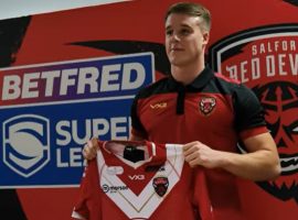 Matty Foster signs for Salford Red Devils. Image taken from Salford Red Devils YouTube Channel.