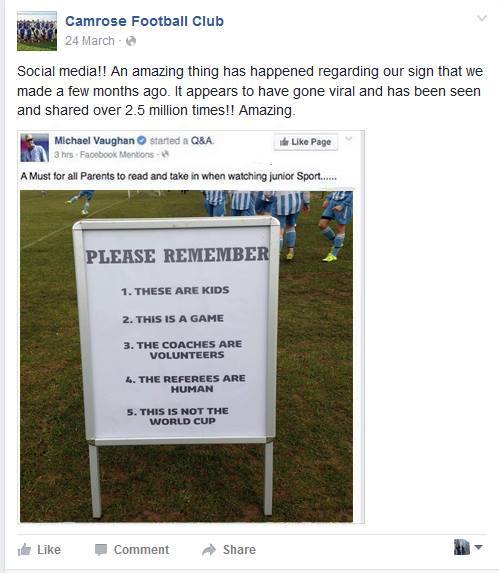 Camrose FC Facebook post with sign