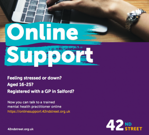 Flyer for 42nd Street, an online counselling service for young people in Salford