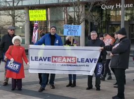 Leave protesters outside the BBC HQ in Media City, Salford.