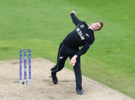BIRMINGHAM, ENGLAND. 19 JUNE 2019: Lockie Ferguson of New Zealand bowling during the New Zealand v South Africa, ICC Cricket World Cup match, at Old Trafford, Manchester, England.(Credit Image: ESPA/Cal Sport Media/Sipa USA)