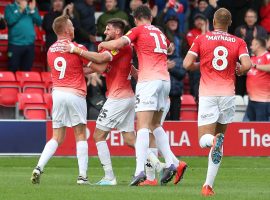 The celebrations after Adam Rooney's breakthrough. (Credit: Salford City - Charlotte Tattersall)