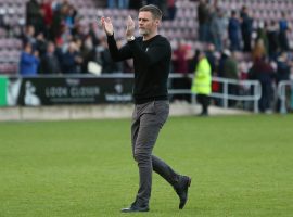 Graham Alexander applauds the away support after Northampton test. (Credit: Salford City - Charlotte Tattersall)