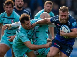 19th October 2019; AJ Bell Stadium, Salford, Lancashire, England; English Premiership Rugby, Sale Sharks versus Gloucester; Akker van der Merwe of Sale Sharks is tackled