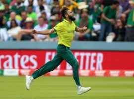 South Africa's Imran Tahir celebrates taking the wicket of Pakistan's Imam-ul-Haq during the ICC Cricket World Cup group stage match at Lord's, London.