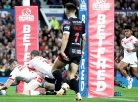 St Helens' Mark Percival scores his side's fourth try of the game during the Betfred Super League Grand Final at Old Trafford, Manchester.