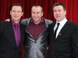 (left to right) Andrew Lancel, Andrew Whyment and Graeme Hawley arriving for the 2011 British Soap Awards at Granada Studios, Manchester. Credit: PA Images
