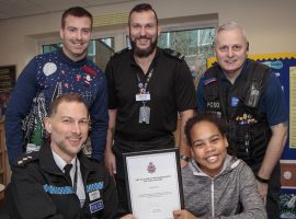 L to R - Chief Inspector Ben Ewart, Jon Ritchie from Salford City Academy, PS Simon Judd, PCSO Ian Moss and Dorota Itoya