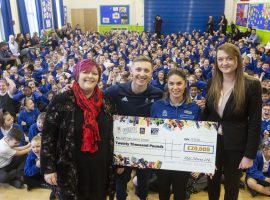 *ALDI*
L-R Headteacher Zandra Williamson, Nile Wilson, ALDI representatives, Katy Brookes and Caroline Grimshaw hold a cheque from ALDI infront of the whole school.
Aldi Kit for schools Celebration Light Oaks Junior School in Salford, Greater Manchester, January 13 2020.