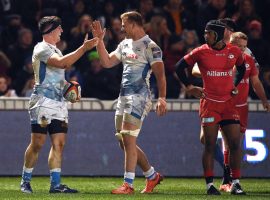 SALFORD, ENGLAND - FEBRUARY 07: Ben Curry of Sale Sharks celebrates scoring a try during the Premiership Rugby Cup Semi-Final match between Sale Sharks and Saracens at AJ Bell Stadium on February 07, 2020 in Salford, England.