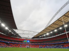 Match action in front of empty stands during the Coral Challenge Cup Final at Wembley Stadium, London. (Image: Mike Egerton/PA Wire/PA Images).