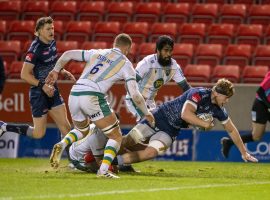 20th November 2020; AJ Bell Stadium, Salford, Lancashire, England; English Premiership Rugby, Sale Sharks versus Northampton Saints; Dan du Preez of Sale Sharks scores Sales second try
Credit: John Acheson