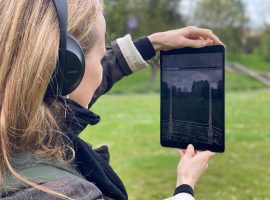 Artist Laura Daly testing The Storm Cone experience in Peel Park, May 2021. Photograph: Jon Smith.