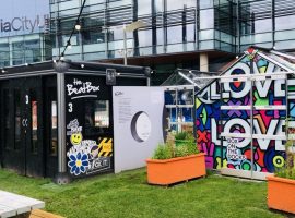 Image of Box on the Docks pods located in MediaCity. Credit: Wiktoria Szatkowska