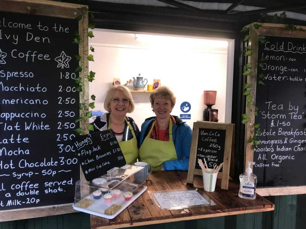 Cleavley Community Forest Garden cafe's Wednesday volunteers, Christine and Mary, enjoying their time working at the café. Permission to use from Ian Bocock