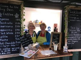 Cleavley Community Forest Garden cafe's Wednesday volunteers, Christine and Mary, enjoying their time working at the café. Permission to use from Ian Bocock