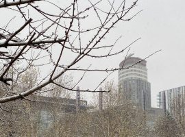 Media City this afternoon, covered in a thin layer of snow.