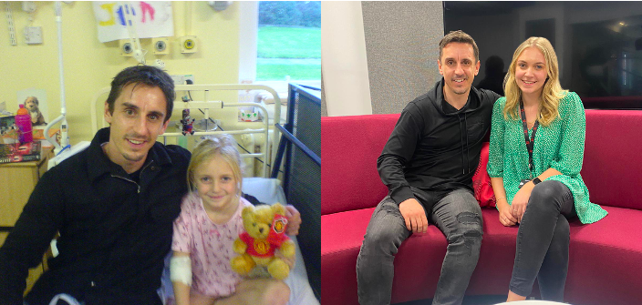 Ulcerative colitis sufferer Jenny Byrne with Gary Neville, as a child and today. Photo: Jenny Byrne, used with permission