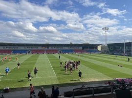 Salford Red Devils warming up prior to their Betfred Super League game against Catalans Dragons.