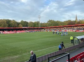 Stockport County clapping their fans after their 2-0 victory vs Salford City. Image credit - Dan McNeice