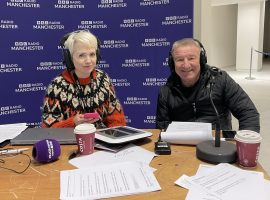 Mike Sweeney and producer during broadcast at Salford Shopping Centre.