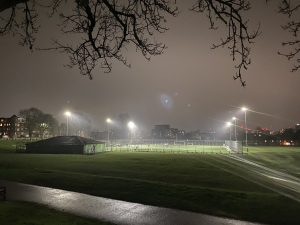 Photo of the pitch and it offering light in the park - Photo by Alfie Mulligan 
