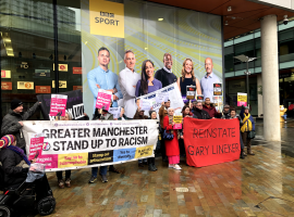 Protesters at Media City. Image by Harry Warner.