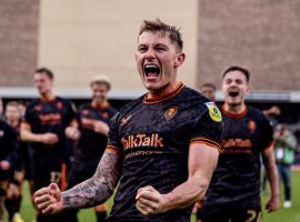 Callum Hendry celebrates his  first goal in the 3-2 win against Wmbledon. Credit: Salford City FC