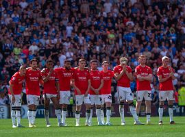 Salford City's players line up during the penalty shootout vs Stockport. (Image Credit - Salford City Twitter.)