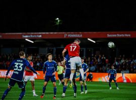 Matt Smith scoring his header against Leeds United. Credit: Salford City FC on Twitter.