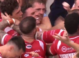 Salford celebrations as they win on golden point against Warrington Wolves. Credit: Channel 4 Sport Twitter