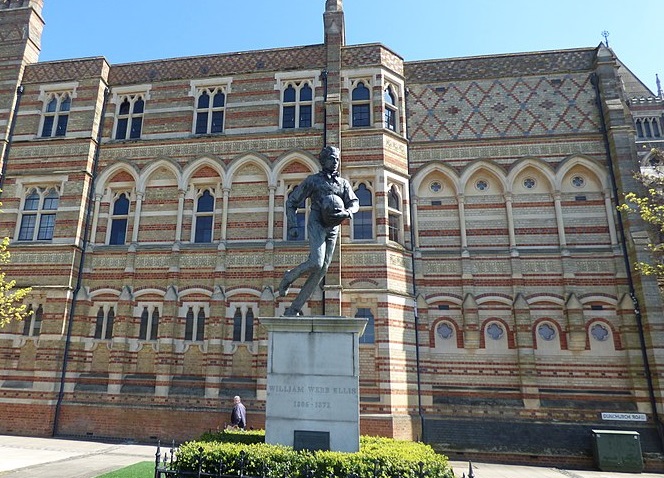 William Webb Ellis statue. Credit: Wikicommons https://commons.wikimedia.org/wiki/File:Rugby_School_-_Dunchurch_Road,_Rugby_-_statue_of_William_Webb_Ellis_%2833162931103%29.jpg- Same image before with a tighter crop.
