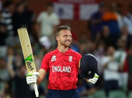 England's Captain Jos Buttler celebrates win after the ICC men's Twenty20 World Cup 2022 semi-final cricket match between England and India at The Adelaide Oval on November 10, 2022 in Adelaide. - IMAGE RESTRICTED TO EDITORIAL USE - STRICTLY NO COMMERCIAL USE (Photo by Surjeet Yadav / AFP) / IMAGE RESTRICTED TO EDITORIAL USE - STRICTLY NO COMMERCIAL USE (Photo by SURJEET YADAV/AFP /AFP via Getty Images)