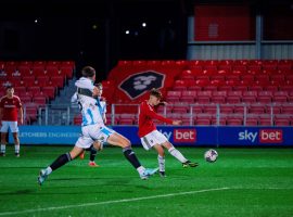 Bruno Padovani came closest to scoring for the Ammies with a shot that smashed the outside of the post. Credit: Salford City FC.