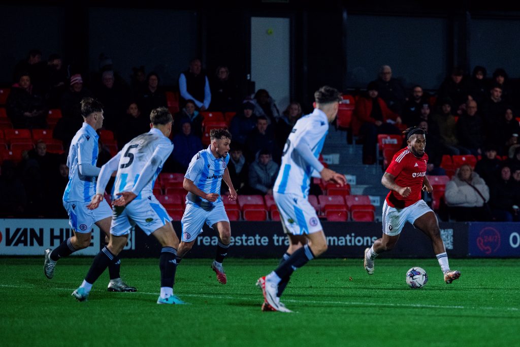 Kamoy McNair against a wall of Accrington defenders. Credit: Salford City FC. Permission given by Salford City