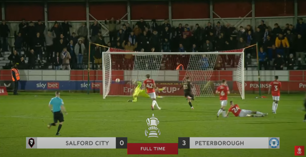 The Posh knocks out The Ammies. Credit: The Emirates FA Cup YouTube screenshot.