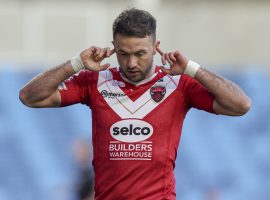 Picture by Paul Currie/SWpix.com - 25/08/2023 - Rugby League - Betfred Super League Round 23 - Salford Red Devils v Wakefield Trinity - AJ Bell Stadium, Salford, England - Salford Red Devils' Ryan Brierley celebrates scoring the 1st try