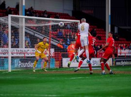 Matthew Lund levels the game for Salford City against Walsall. Image Credit: Salford City FC.