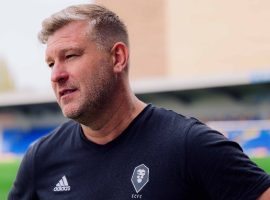 Salford City manager Karl Robinson in his post-match interview at AFC Wimbledon. Image Credit: Salford City FC