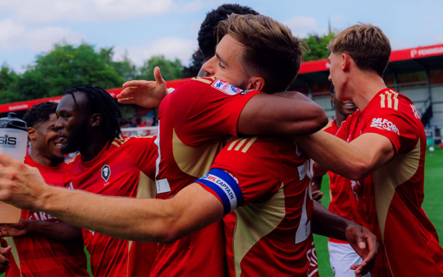 Salford City celebrate Luke Garbutt Goal